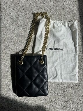 Stand Studio Black Quilted Leather Shoulder Bag with Gold Chain